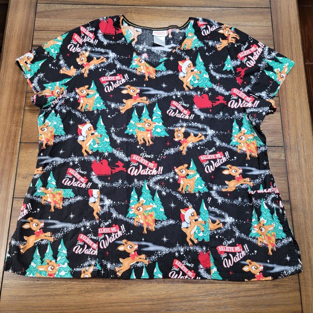 Rudolph The Red-Nosed Reindeer Graphic SS Black Scrub Top - Size 2XL
